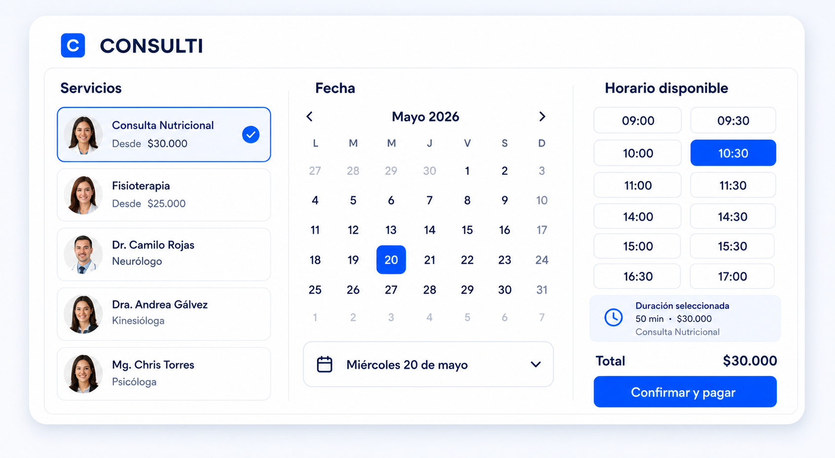Agenda Consulti con servicios, calendario y horarios disponibles